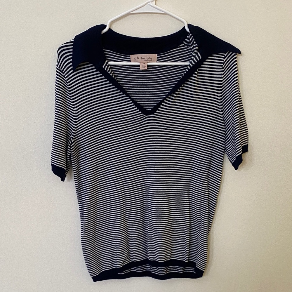 Philosophy Navy and White Striped Short-Sleeve Polo Top